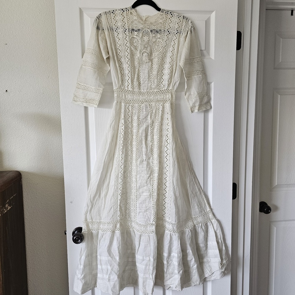 1900s Antique Edwardian White Summer Garden Lawn Dress Lace Linen Tea Gown #68 - Picture 4 of 14